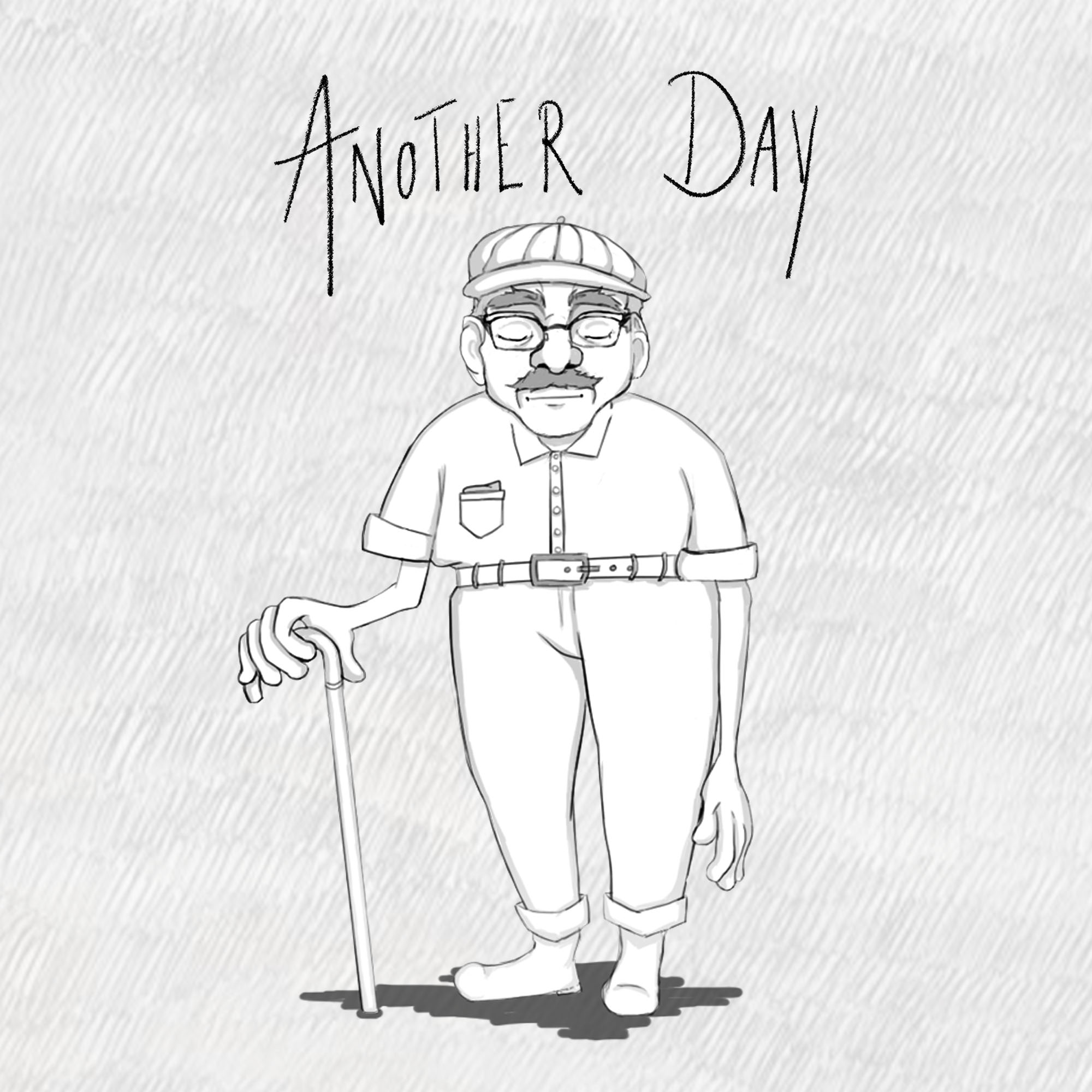 capture du jeu Another day : écran d'intro, un veil homme avec une canne dessiné au crayon